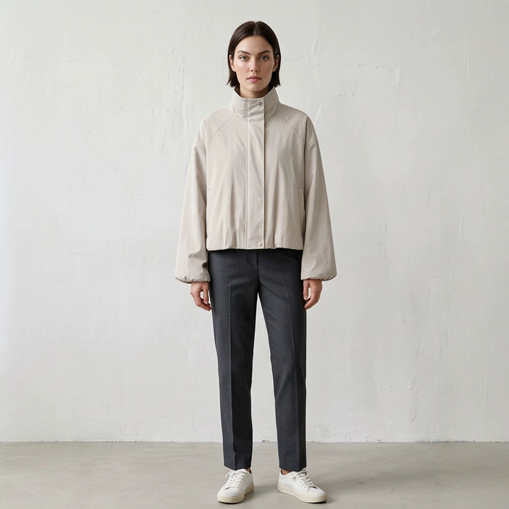 Women's Short Cut Stand Collar Bomber Jacket with Elastic Hem and Raglan Sleeves Chichicherry