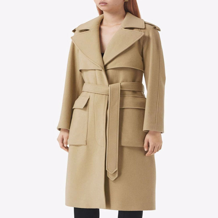 Women Mid-length Wool Blend Long Coat with Double Shoulder Yoke, Flap Pockets and Subtle Waistline Chichicherry