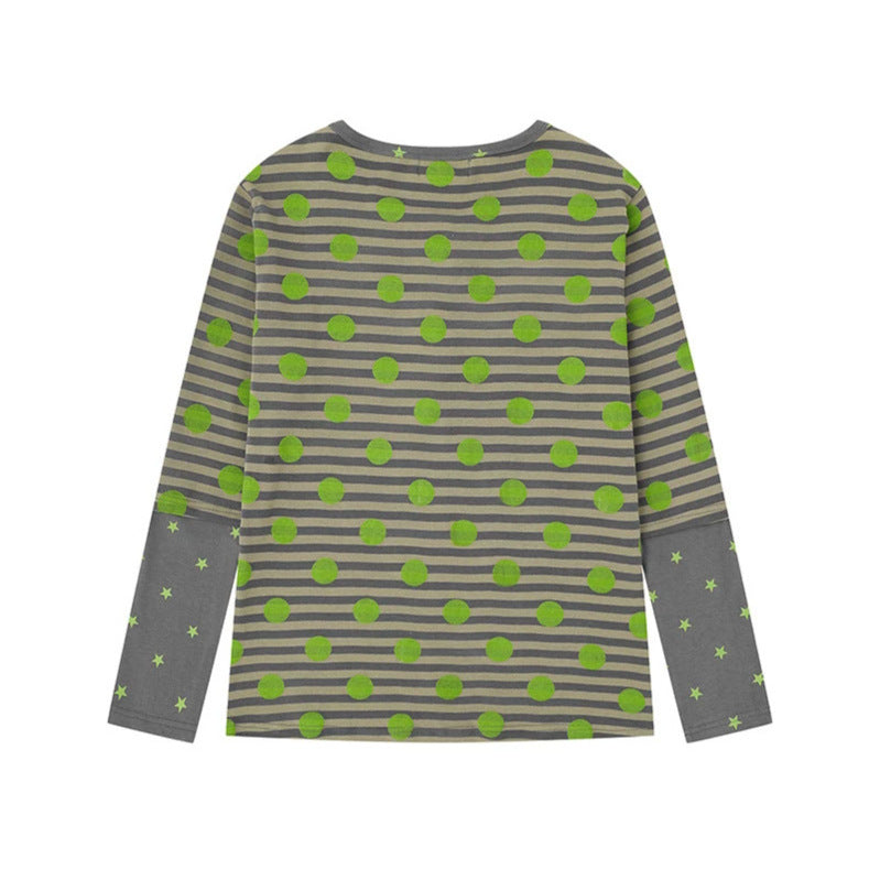 Women Striped Henley Long Sleeve Shirt with Contrast Sleeves, Star Print and Decorative Stone Motifs Chichicherry