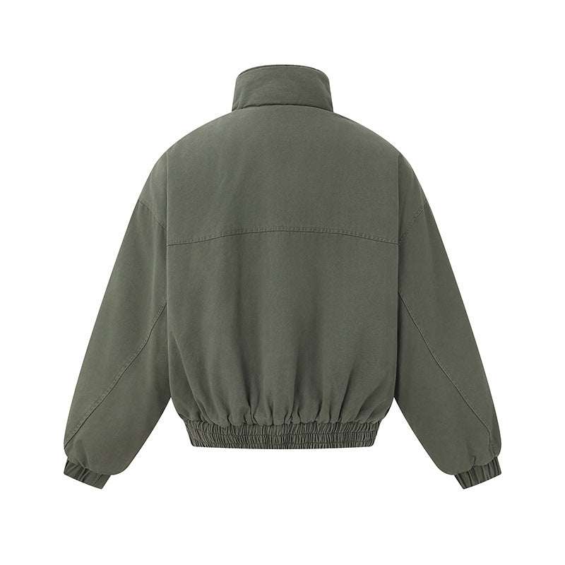 Unisex Boxy-Canvas-Bomber Jacket with High Stand-Up Collar, Diagonal Seam Design and Elastic Hem Chichicherry