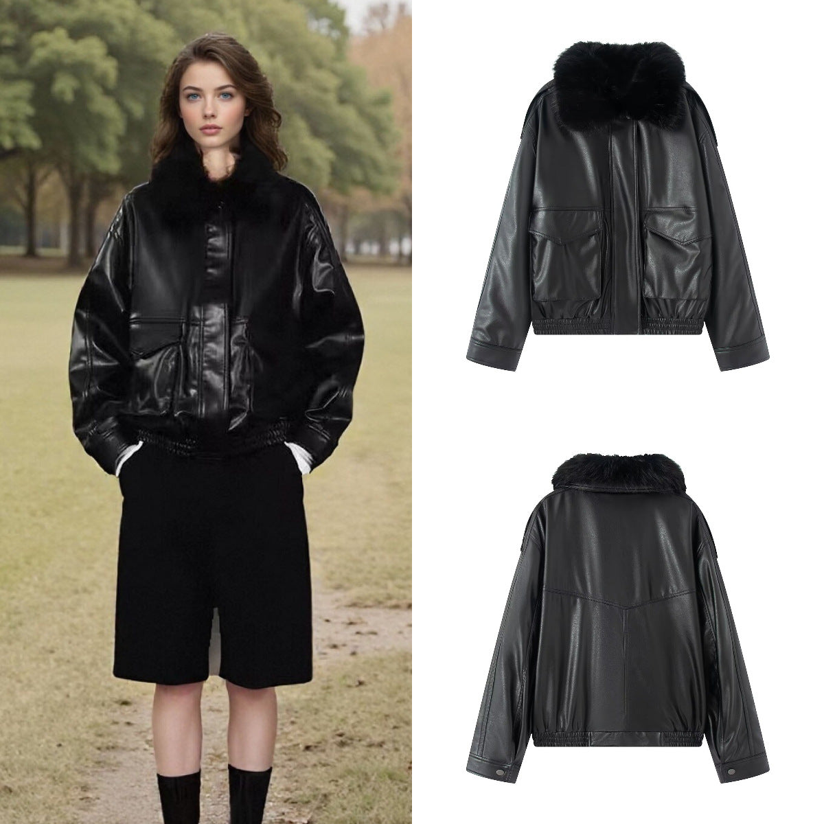 Ladies Oversized Faux Leather Bomber Jacket with Cozy Faux Fur Collar and Applied Flap Pockets Chichicherry