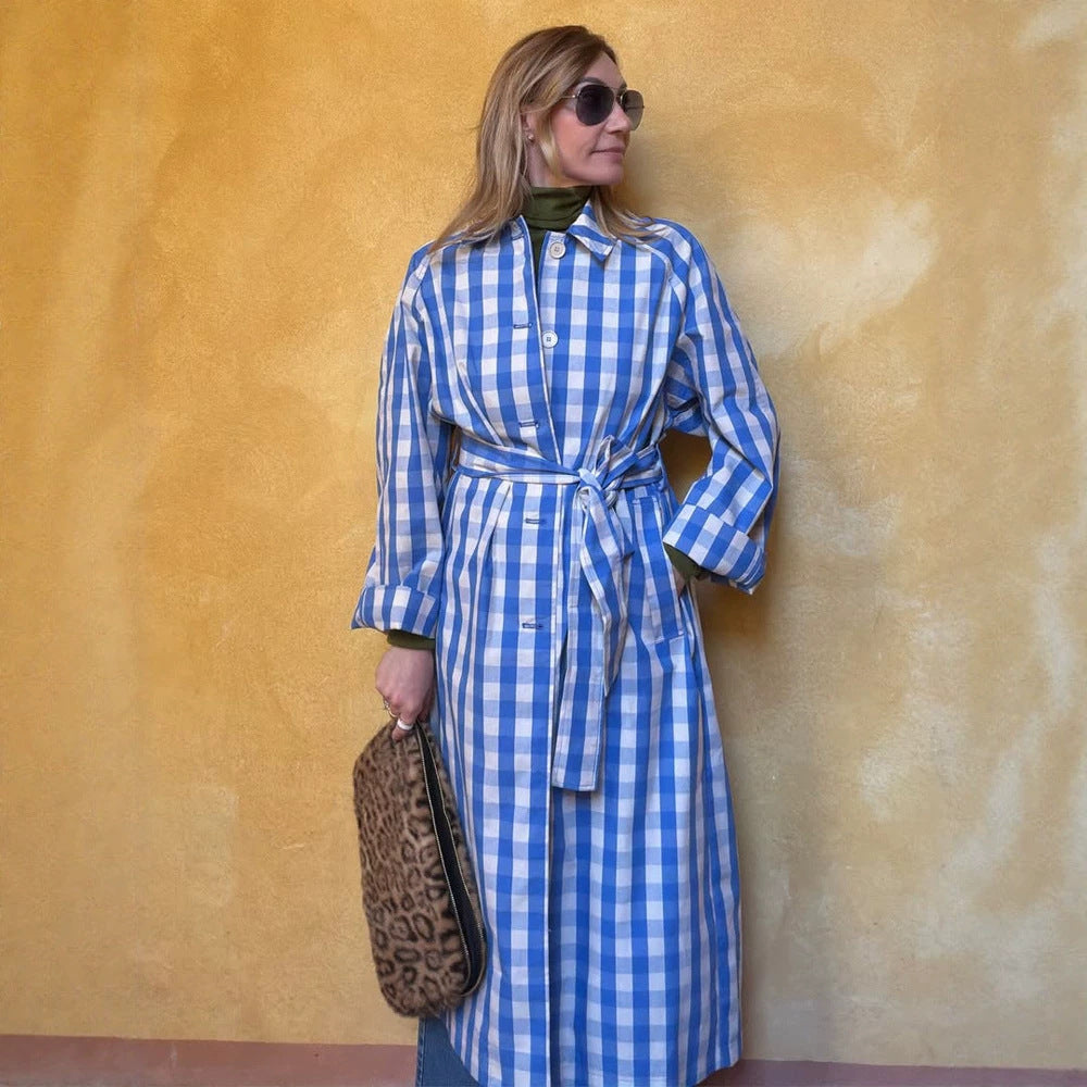 Women's long checkered coat with waist belt and shirt collar Chichicherry