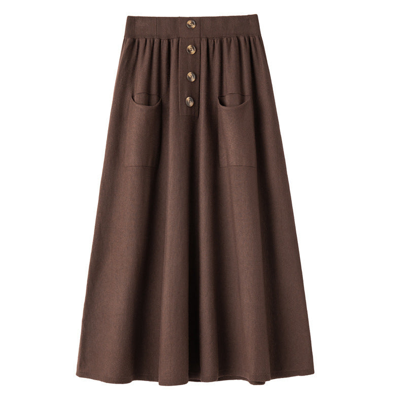 Women's midi skirt made of wool blend with A-line, elastic ribbed waistband, decorative button placket, and patch pockets Chichicherry