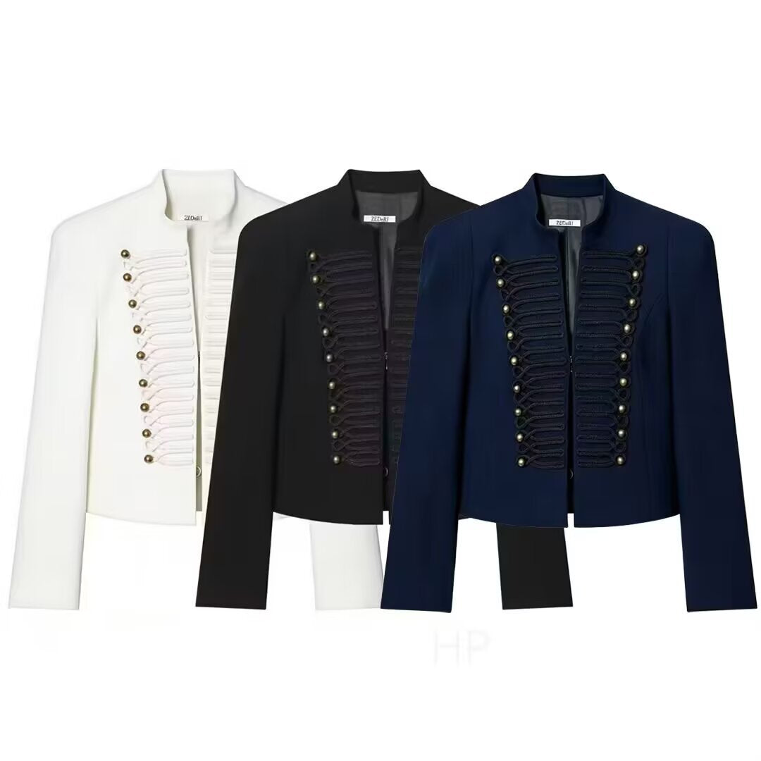 Women's Short Blazer with Military Frog Decoration and Stand-Up Collar Chichicherry
