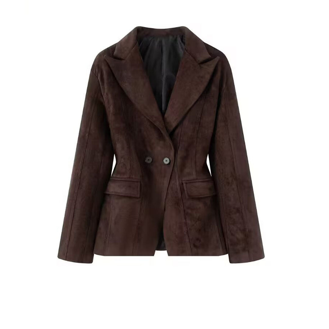Women's Tailored Suede Blazer with Notched Collar and Flap Pockets Chichicherry
