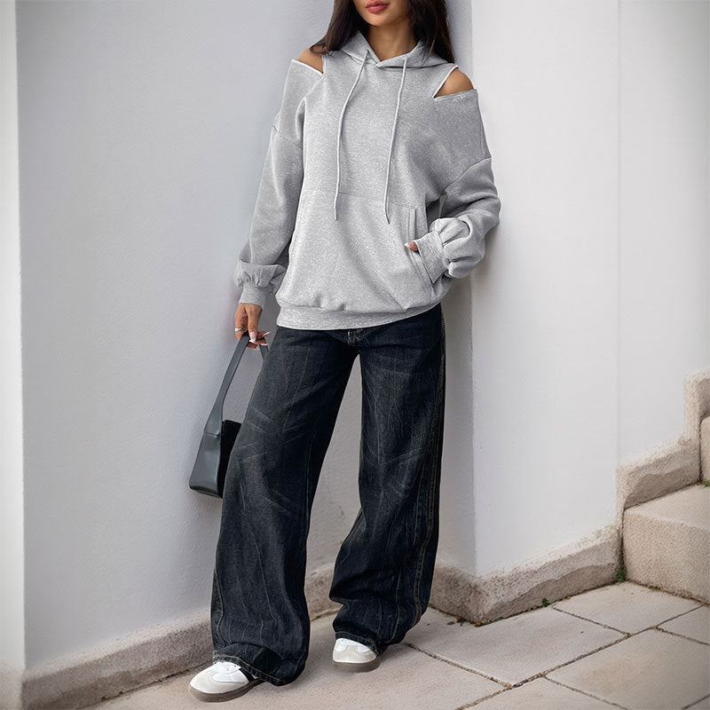 Women Casual Hoodie with Shoulder Openings, Kangaroo Pocket and Ribbed Cuffs Chichicherry
