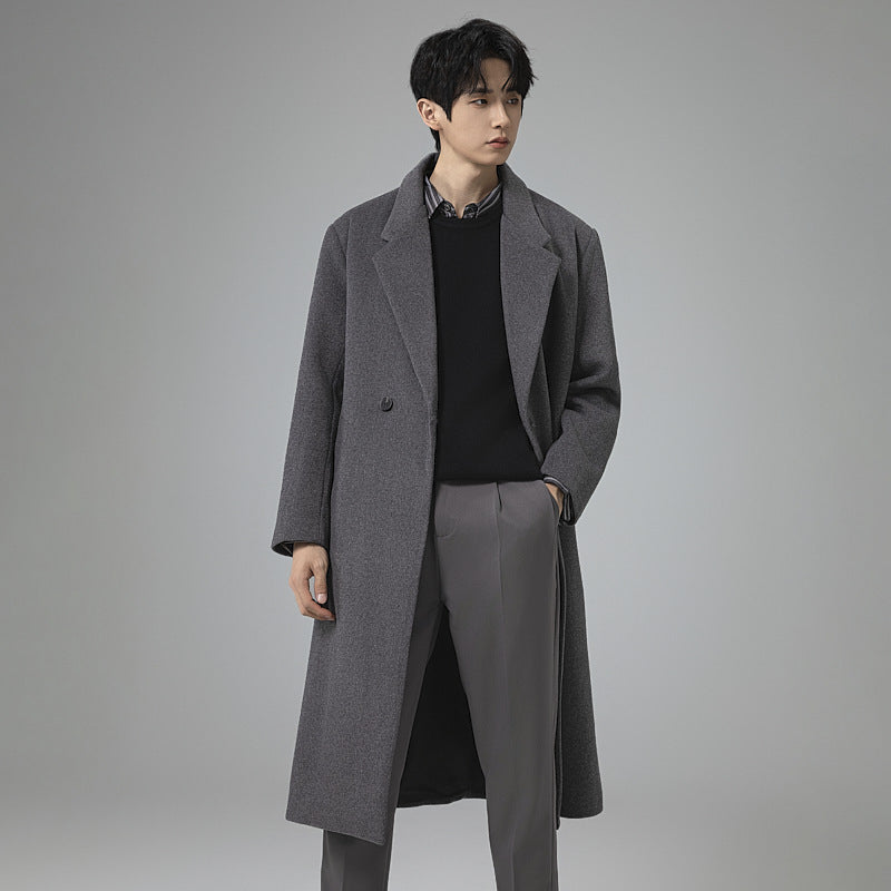 Men's Maxi-Length Wool Blend Coat with Concealed Button Placket and Draped Shawl Collar Chichicherry
