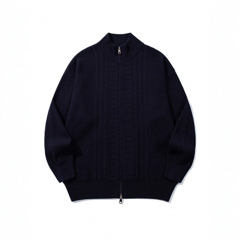 Men's chunky knit zip cardigan with high collar and double zipper Chichicherry