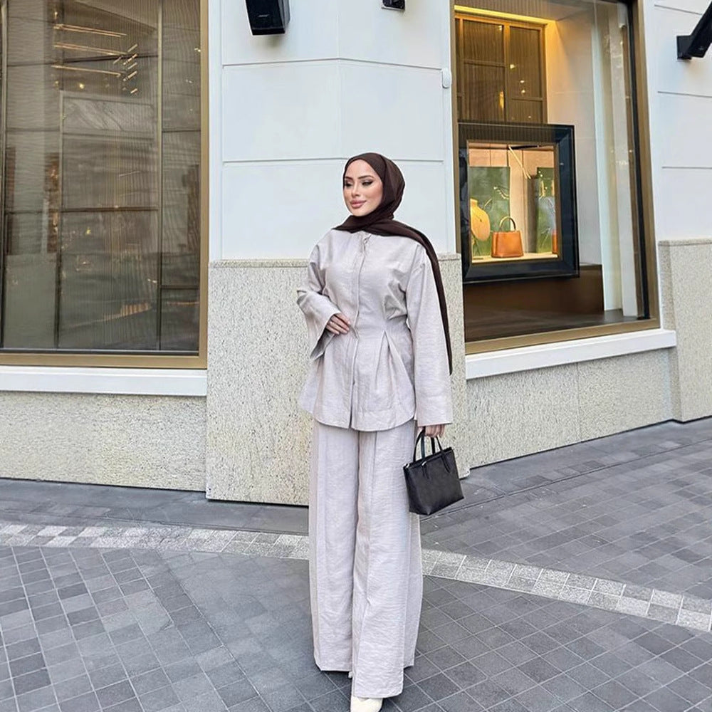 Ladies two-piece linen set with tailored pleat, wide leg and zip jacket Chichicherry