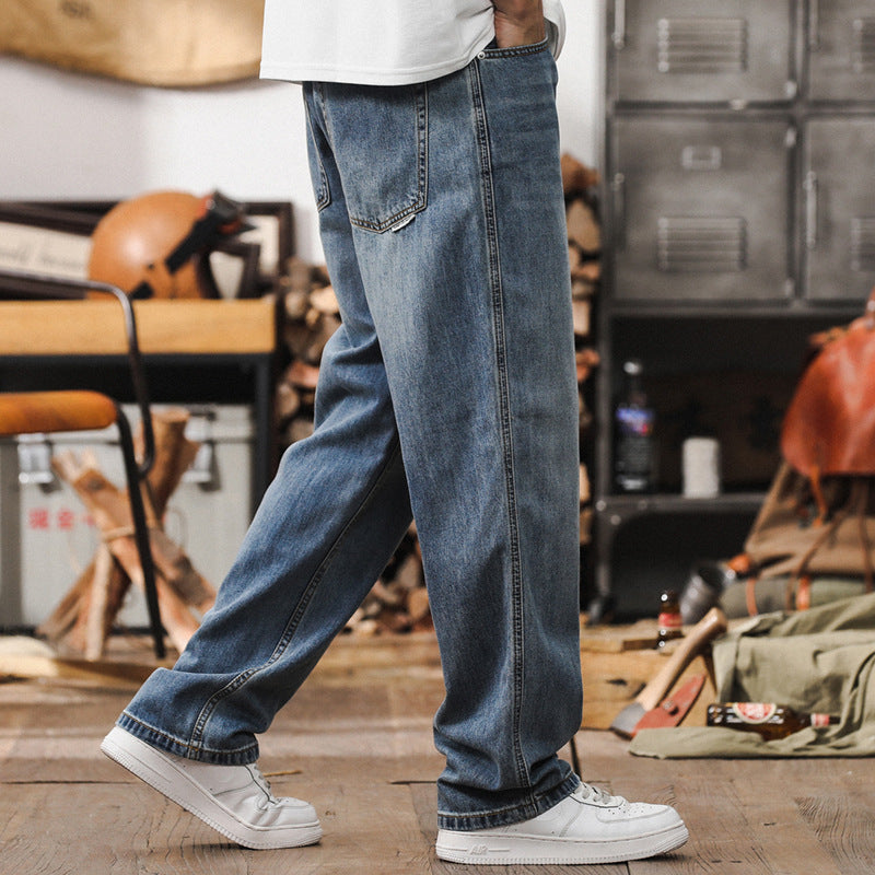 Herren Lockere Straight‑Leg Denim‑Jeans mit leichter Used‑Waschung und tiefem Schritt Chichicherry