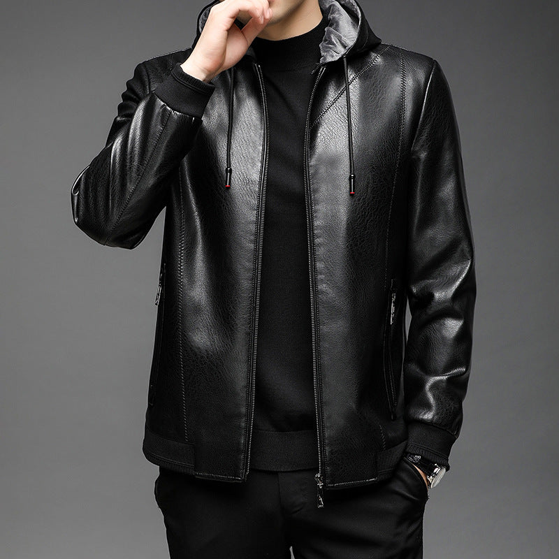 Men's faux leather hooded jacket with fine texture, zipper, and ribbed cuffs Chichicherry