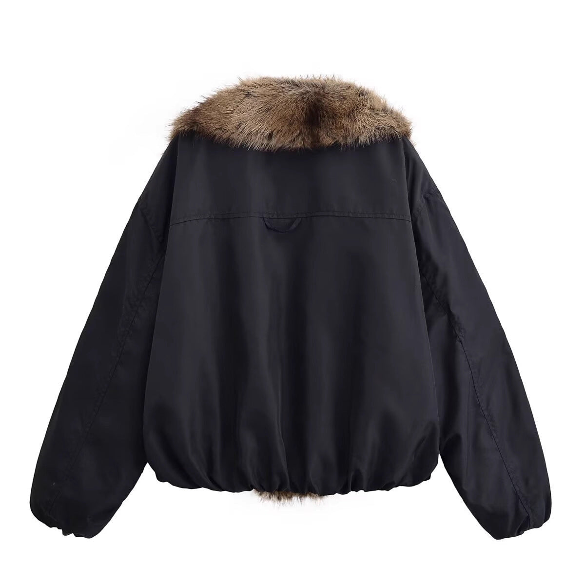 Ladies Short Quilted Bomber Jacket with Voluminous Faux Fur Shawl Collar Chichicherry