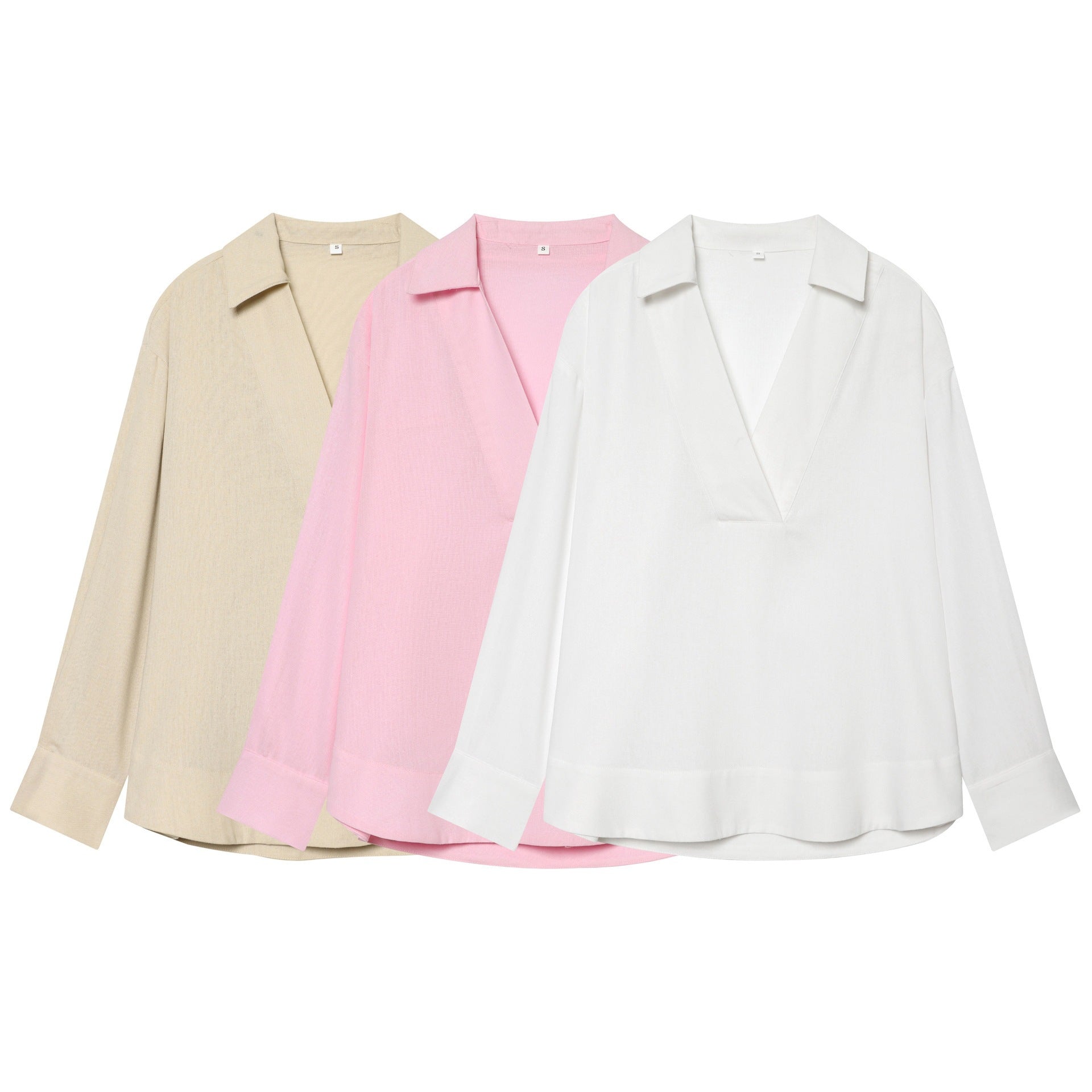 Women's loosely falling linen-look blouse with V-neck, shirt collar, and cuffed sleeves Chichicherry