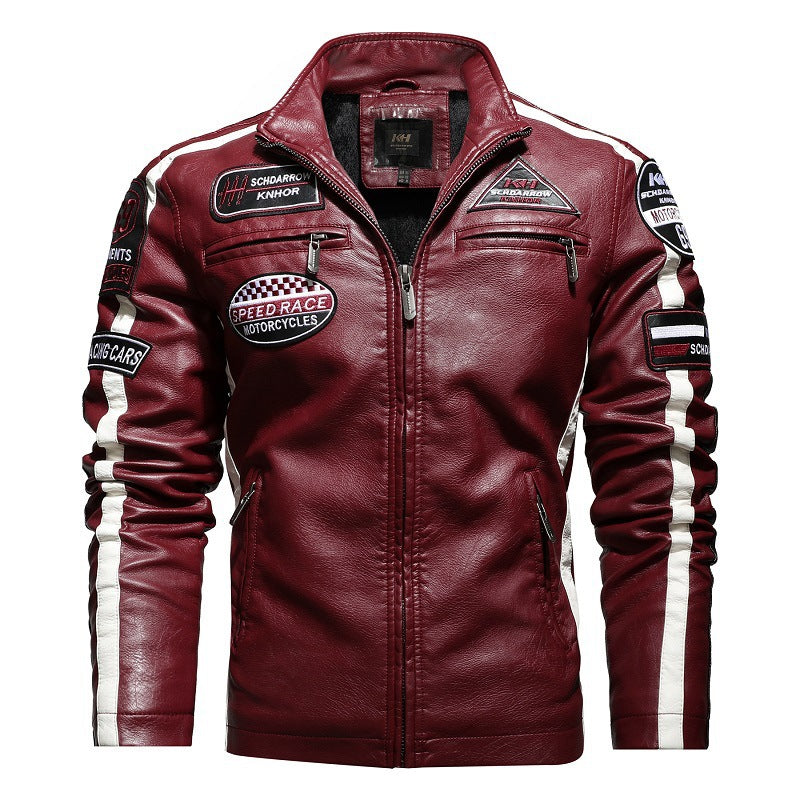 Men's Racing-Style Faux Leather Jacket with Patches, Contrast Stripes and Stand-Up Collar Chichicherry