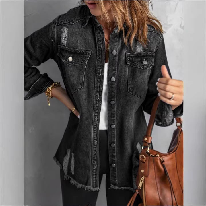 Women Oversized Denim Shirt Jacket with Distressed Details and Fringed Hem Chichicherry