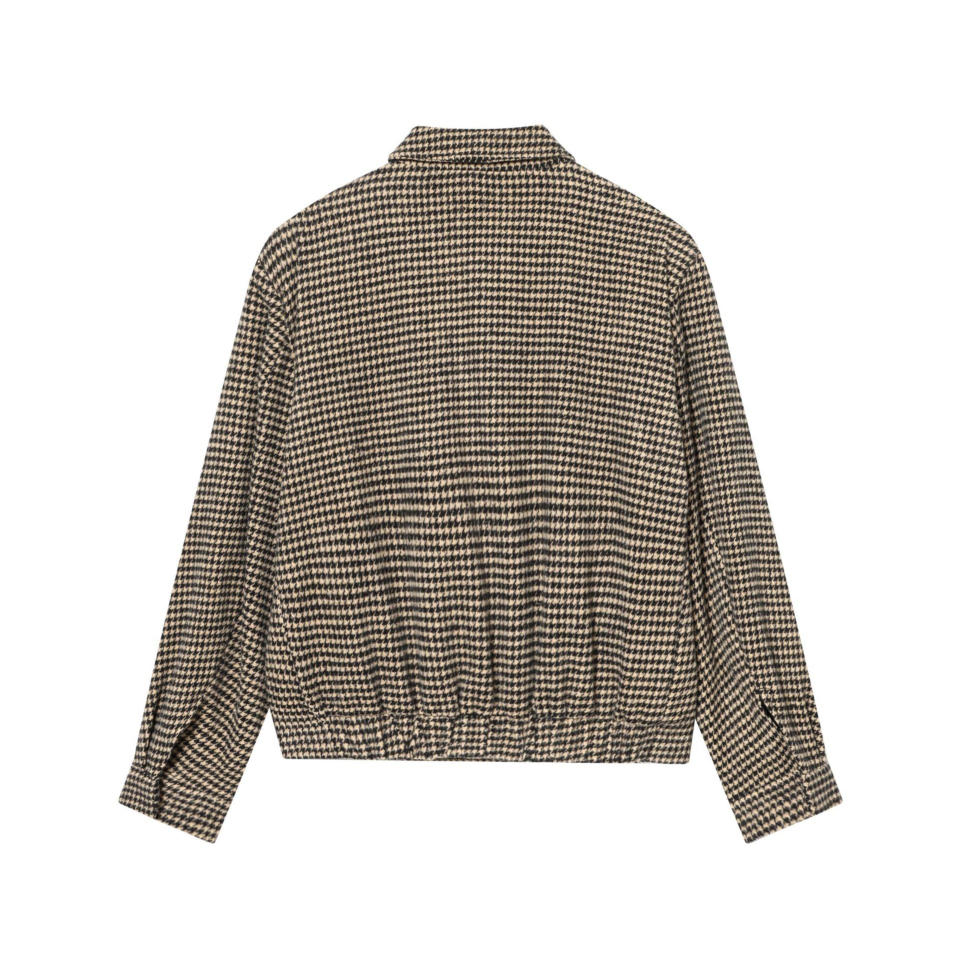 Women Boxy Short Jacket made of Wool Blend with Houndstooth Pattern, Zipper and Shirt Collar Chichicherry