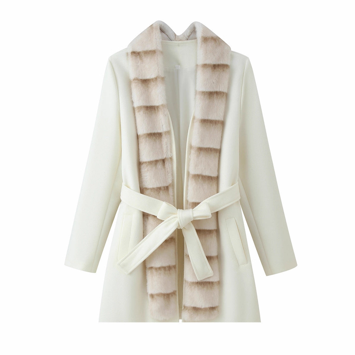 Women's Tailored Wool Blend Coat with Tie Belt and Removable Faux Fur Shawl Collar Chichicherry