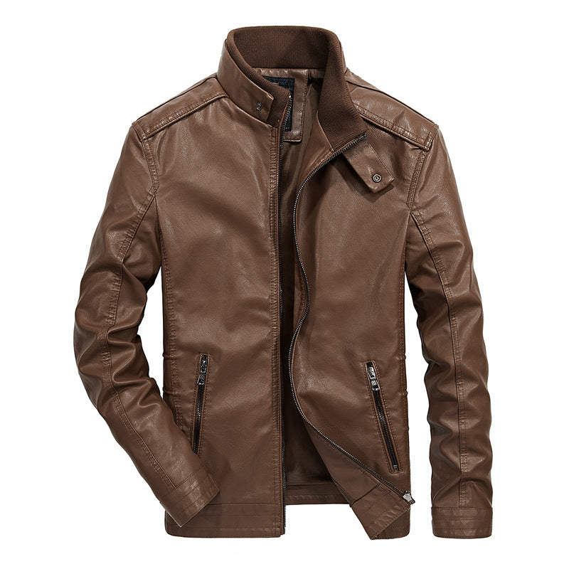 Men's faux leather motorcycle jacket in slim fit with high closing stand-up collar and diagonal chest zipper Chichicherry