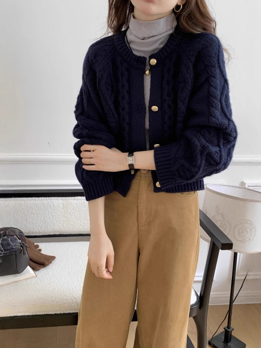 Ladies Short Cable Knit Cardigan with Golden Decorative Buttons Chichicherry