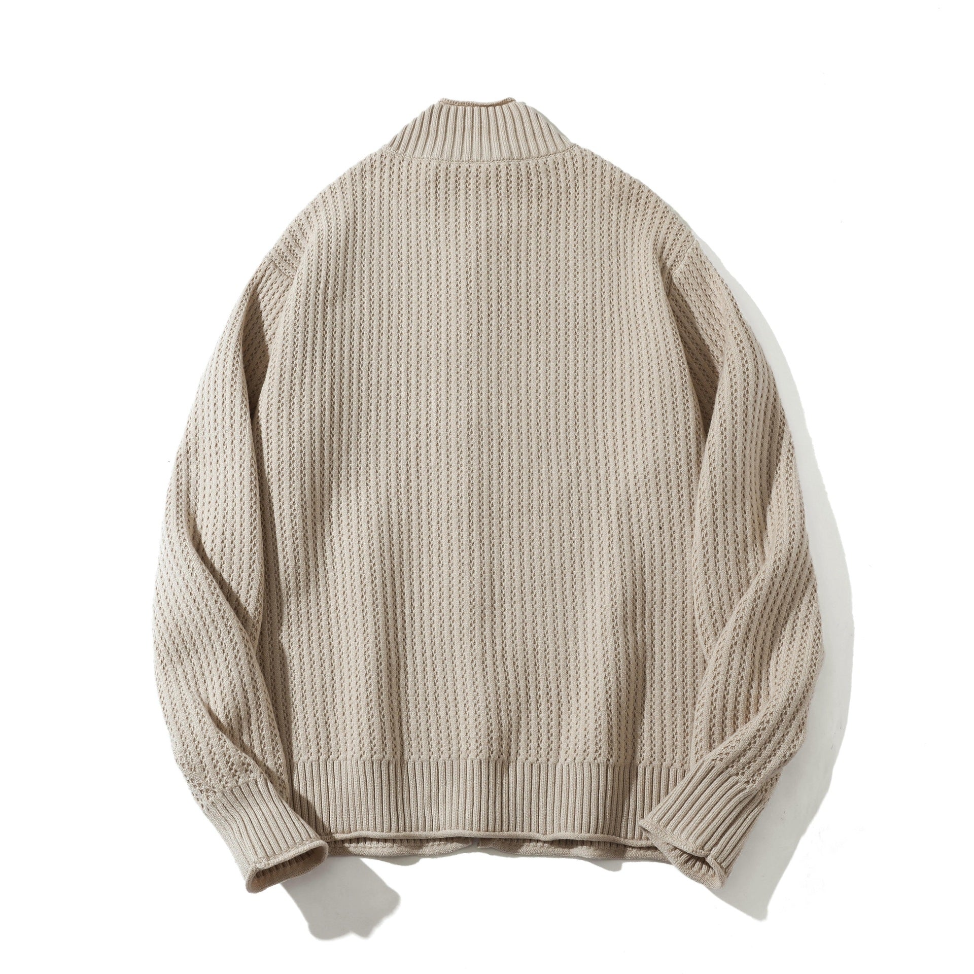 Unisex Structured Zip Sweater with High Ribbed Collar and Purl Pattern Chichicherry