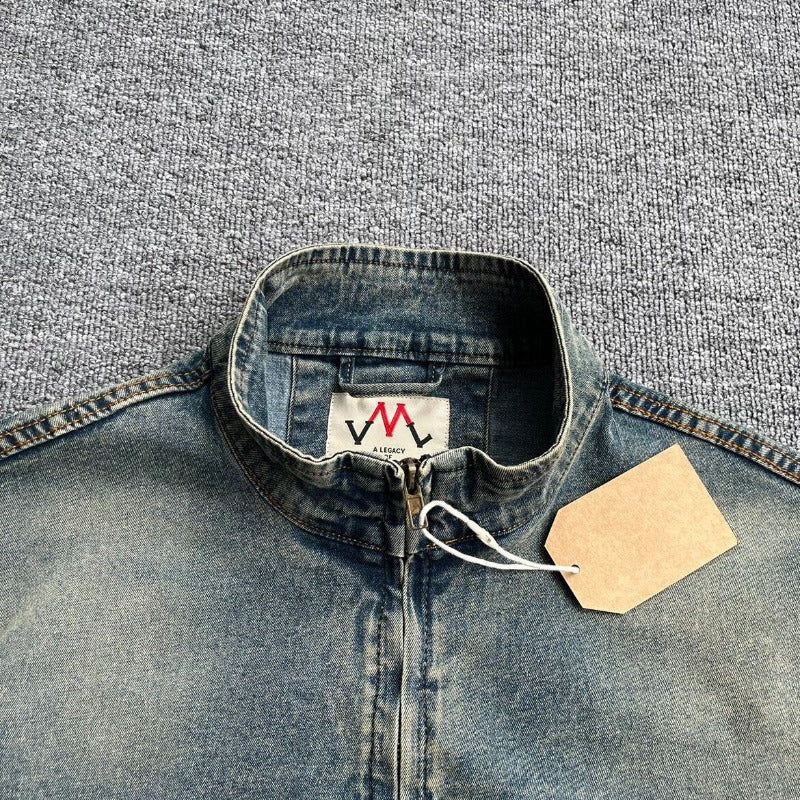 Herren Denim-Pulloverjacke im Vintage-Look mit Halbzip und Stehkragen Chichicherry