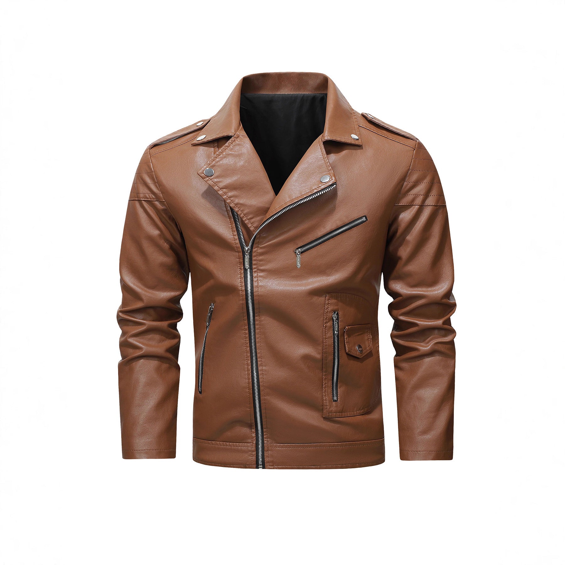 Men's biker jacket made of synthetic leather with asymmetrical zipper and quilted shoulder section Chichicherry