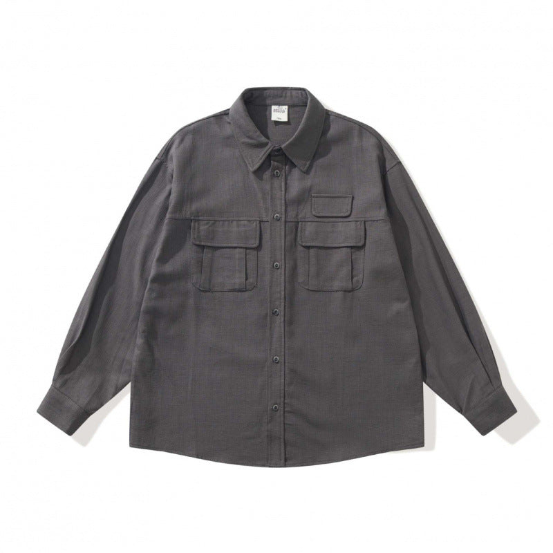 Unisex Boxy Overshirt Jacket in Utility Style with Patch Flap Pockets and Shirt Collar Chichicherry