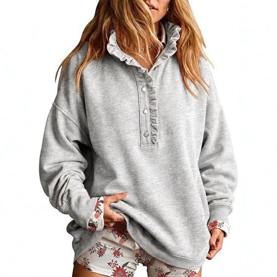 Women's oversized sweatshirt with ruffled collar and snap button placket Chichicherry