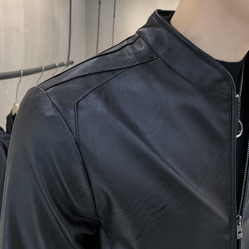 Men's Faux Leather Motorcycle Jacket with Teddy Lining and Stand-Up Collar Chichicherry