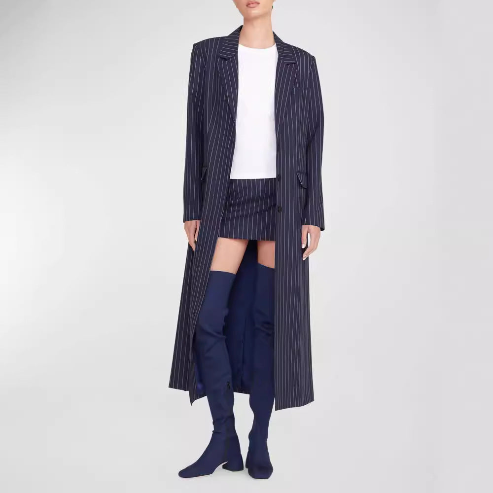 Women's Oversize Longline Coat in Pinstripe Look with Slit and Flap Pockets Chichicherry