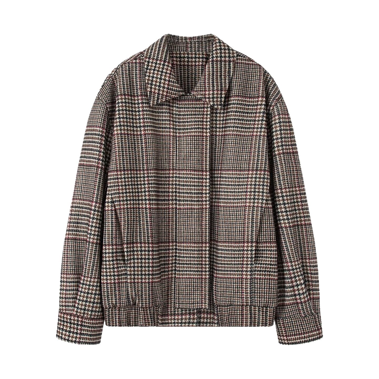 Women's Oversize Short Jacket in Houndstooth Pattern with Stand Collar and Elastic Hem Chichicherry