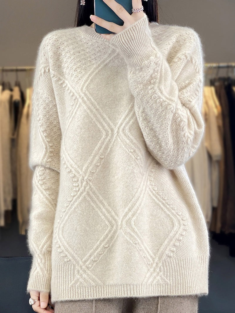 Women Cozy Mohair-Look Oversized Sweater with Diamond Structure and Nubby Details Chichicherry