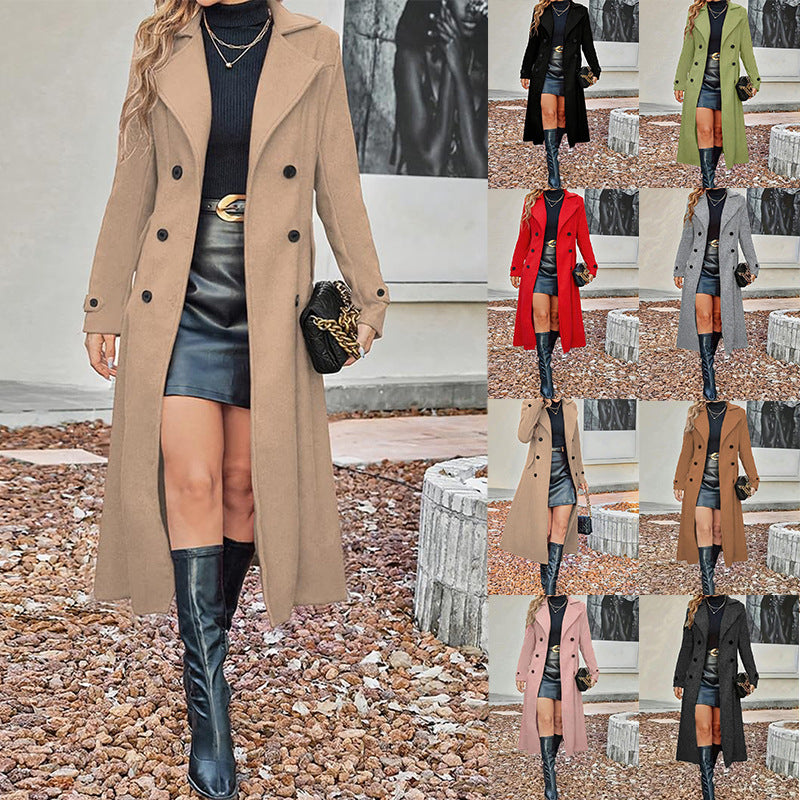 Women's Long Wool Blend Double Breasted Coat with Tailored Fit Chichicherry