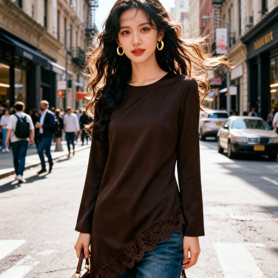 Women Asymmetrical Chiffon Blouse with Lace Trim and Long Sleeves Chichicherry