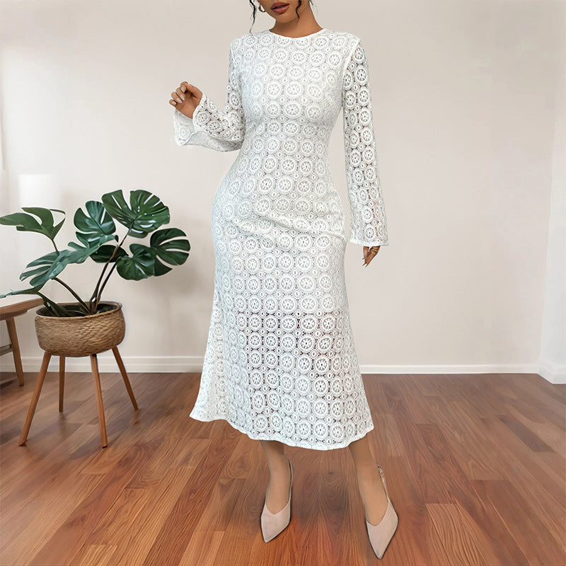 Ladies' midi dress made of crochet lace with a fitted silhouette, trumpet sleeves, and flared hem Chichicherry