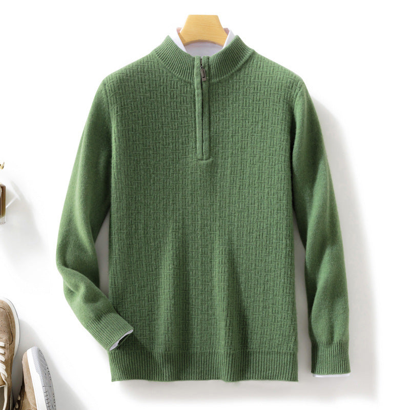 Men's Semi-high Fine Knit Sweater with Short Stand-Up Collar and Half Zipper Chichicherry