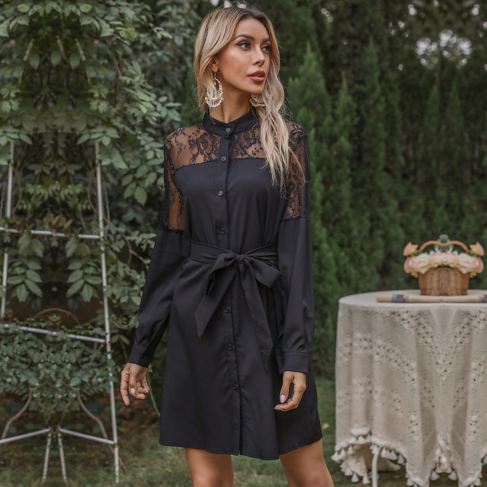 Women A-line shirt dress with lace insert, tie belt and button placket Chichicherry