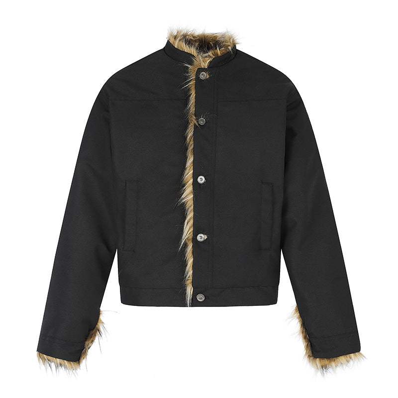 Women's Short Jacket with Faux Fur Lining, Stand-Up Collar and Concealed Button Placket Chichicherry