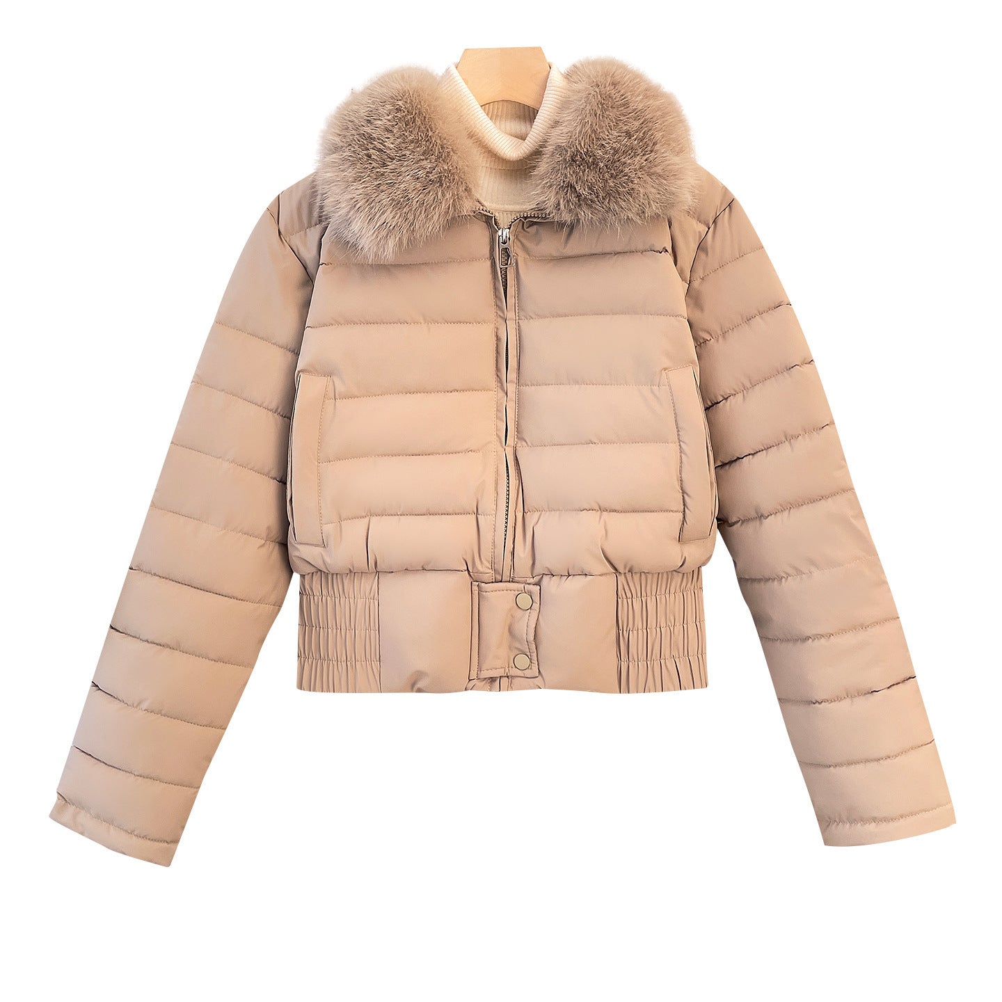 Women's short quilted bomber jacket with removable fur collar and fitted ribbed waistband Chichicherry