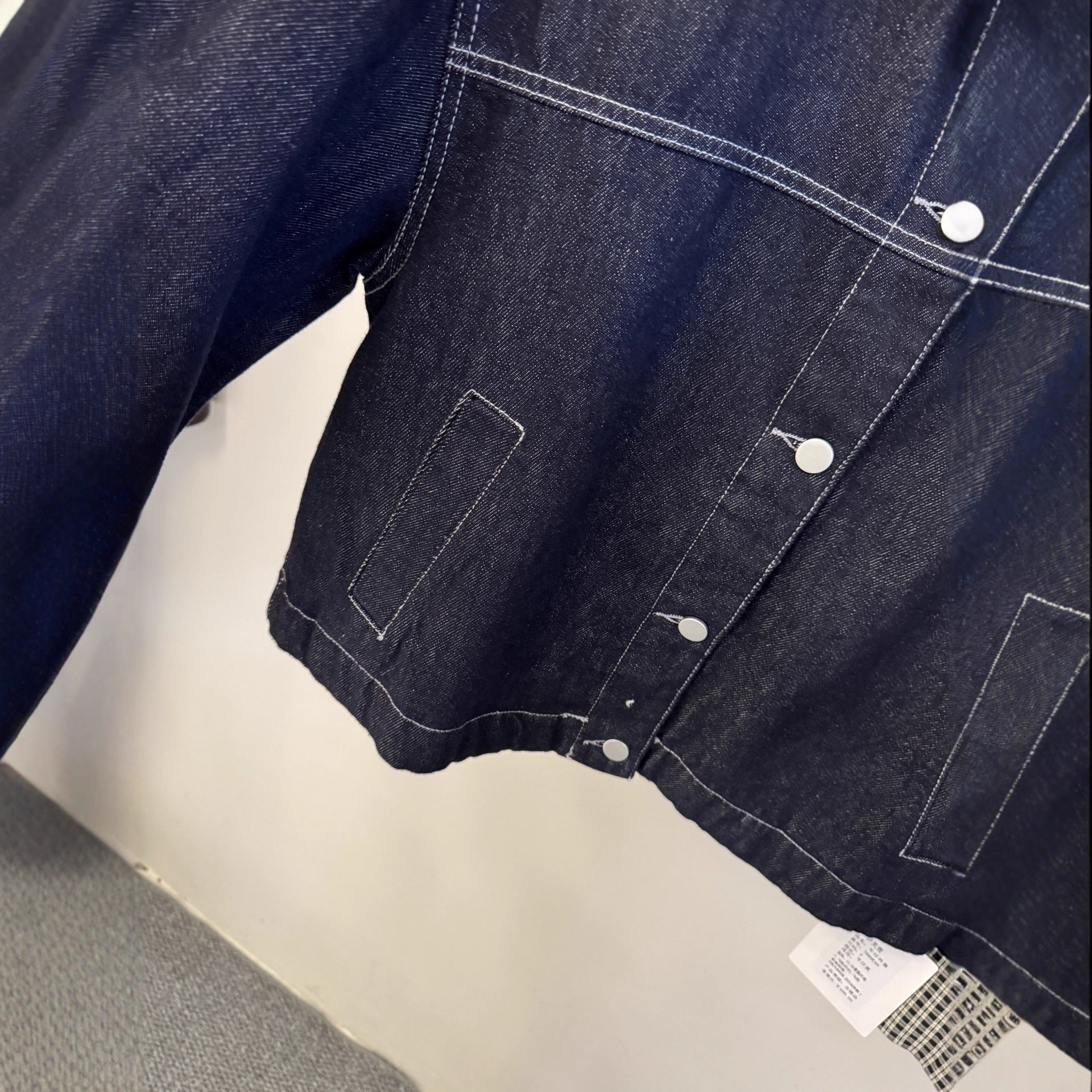 Women's Short Cut Denim Jacket with Contrasting Check Cuffs Chichicherry