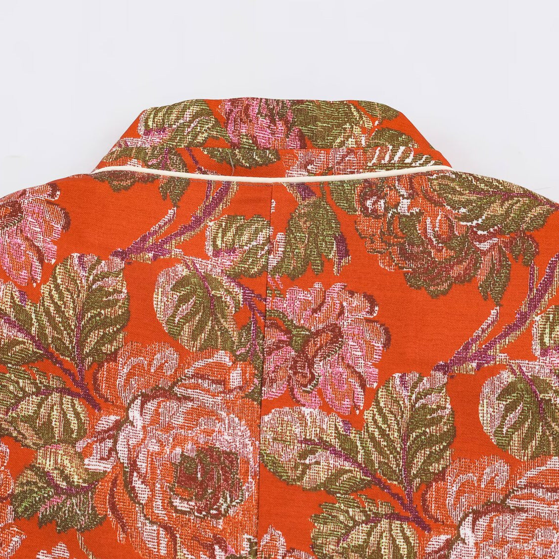 Women's short blazer in brocade jacquard with stand-up collar and piped edge Chichicherry