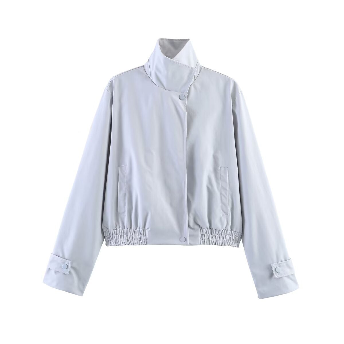 Women's short cut boxy blouse jacket with high stand-up collar, snap button placket, and elastic hem Chichicherry