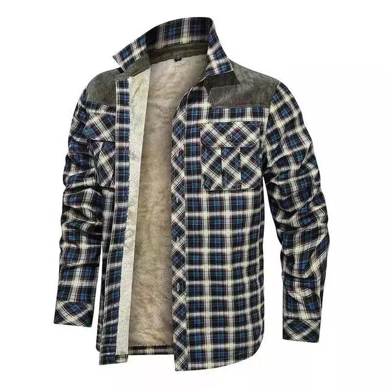 Men's padded check shirt jacket with teddy fleece lining, chest flap pockets and shoulder patches Chichicherry