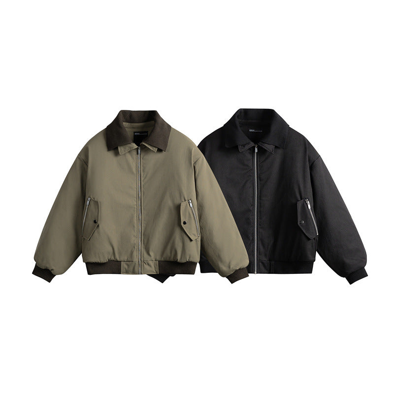 Men's Short Boxy Insulated Field Bomber Jacket with Contrasting Knit Collar and Diagonal Zip Pockets Chichicherry
