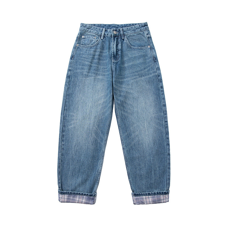 Women's High-Waist Relaxed-Fit Jeans with Wide Leg, Turned-Up Hem, and Checked Lining Chichicherry