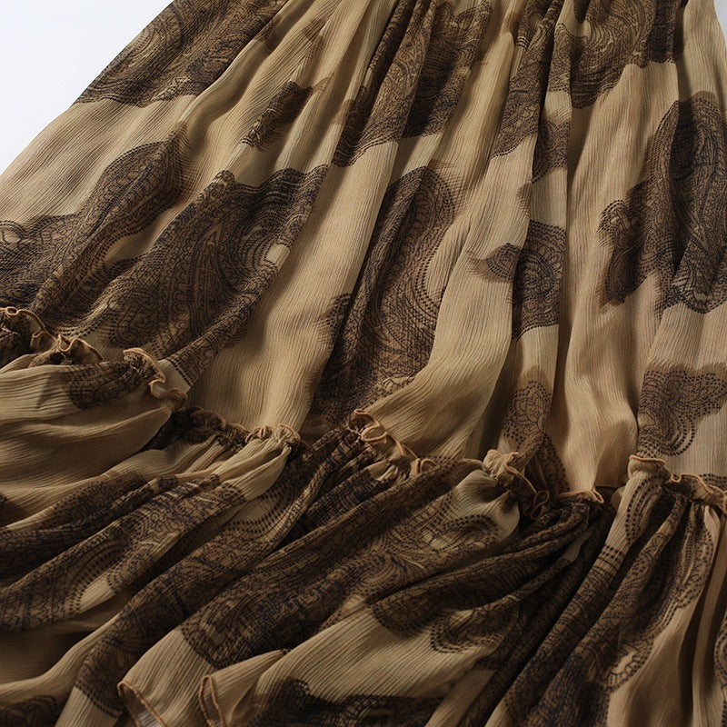 Women's maxi skirt made of chiffon with pleats, elastic waistband, and ruffled hem Chichicherry