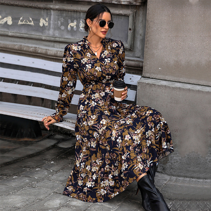 Women's Flowing Floral Midi Dress with V-Neck, Smocked Waistband, and Tiered Skirt Chichicherry