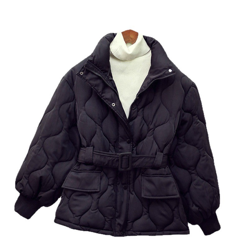 Women's quilted tailored quilted jacket with wrap belt, stand-up collar, and flap pockets Chichicherry
