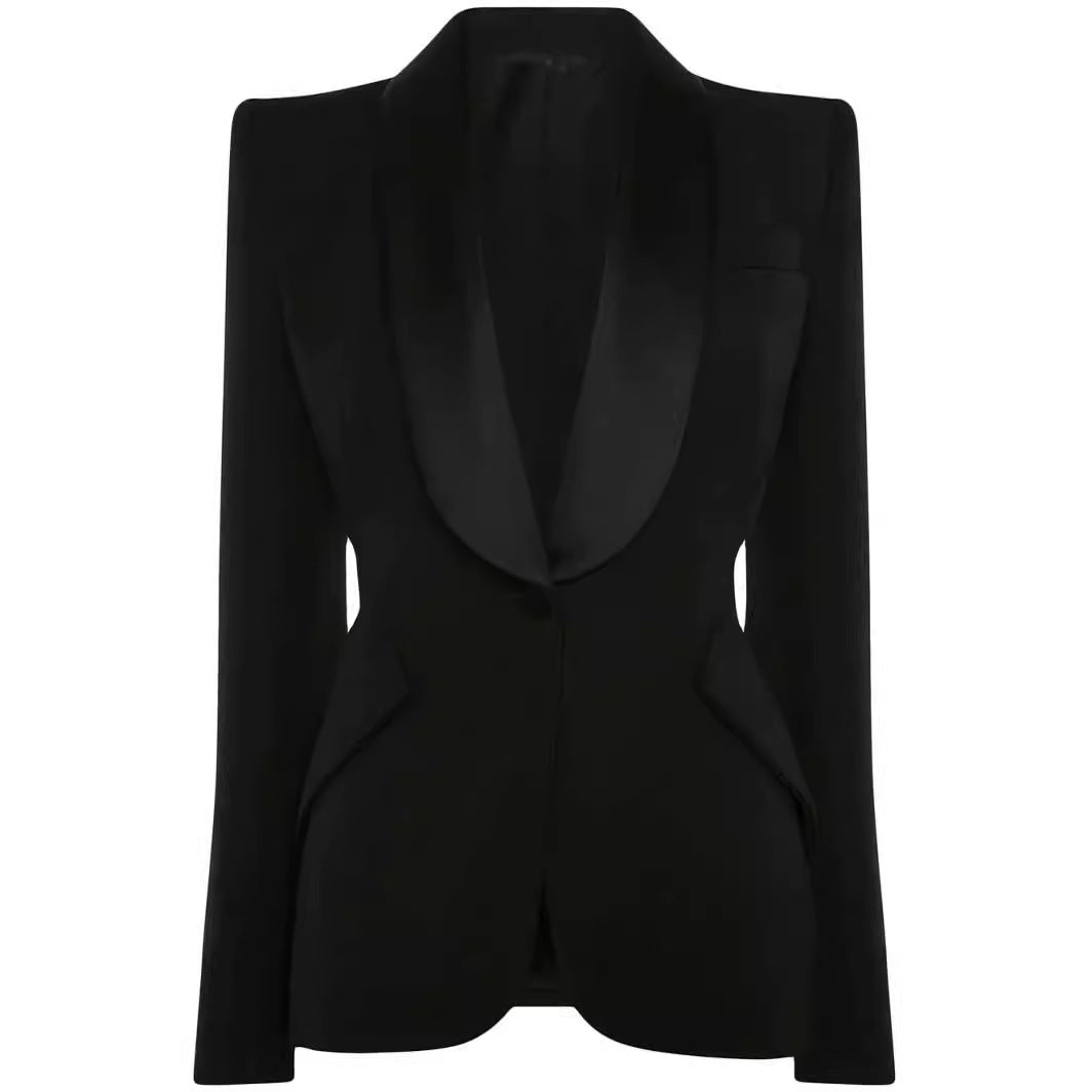 Women Elegant Tuxedo Set in Tailoring with Tailored Single-Breasted Blazer and Wide Palazzo Pants Chichicherry