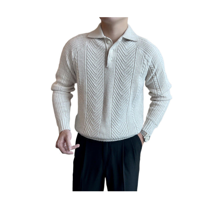 Herren Polokragen-Zopfstrick-Pullover mit halber Knopfleiste Chichicherry